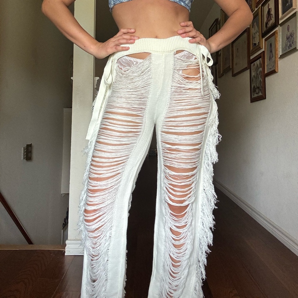 Fashion Nova Cream Distressed Wide Leg Pants